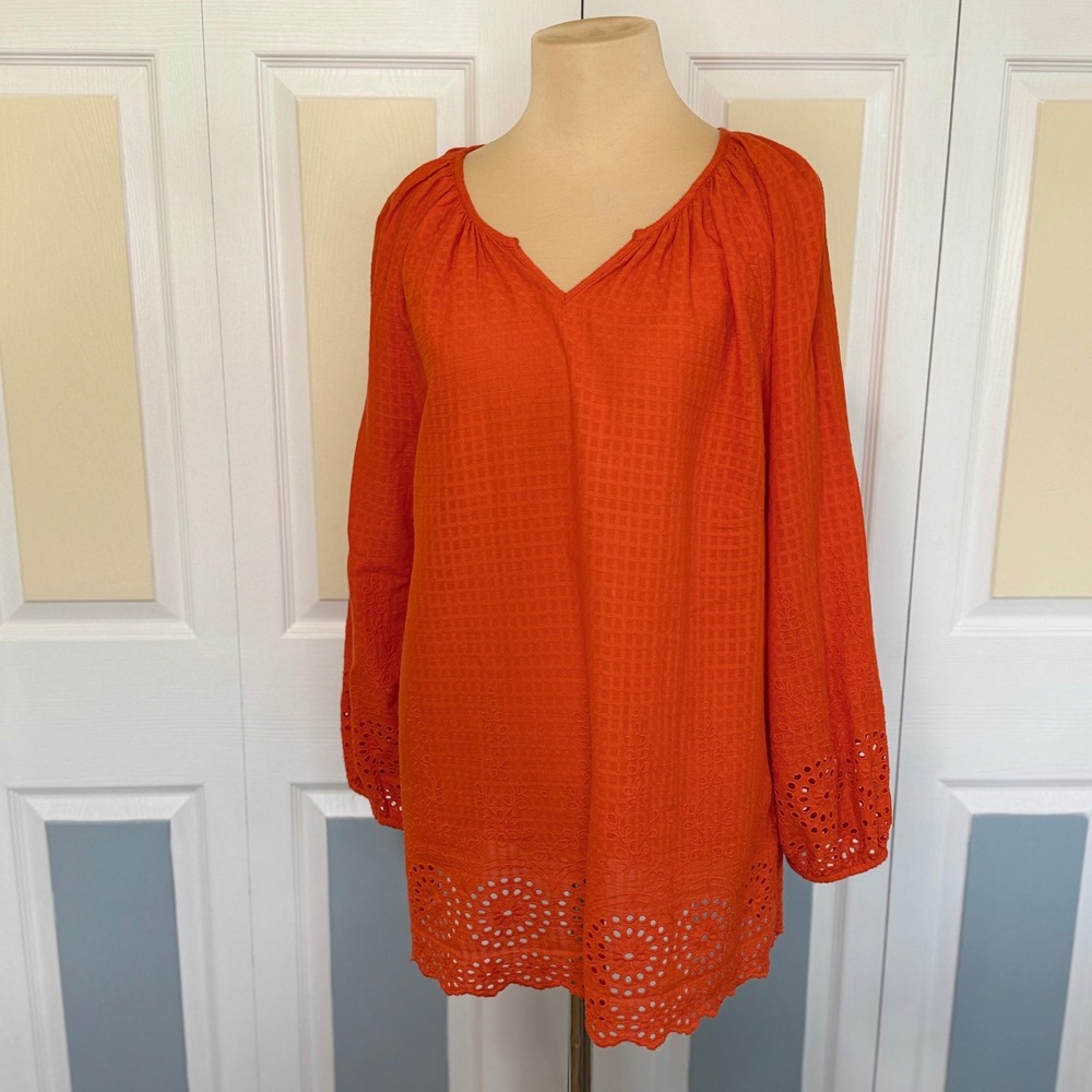 Soft Surroundings Orange Cotton Eyelet Tunic Top Long Sleeve Split Neck Medium